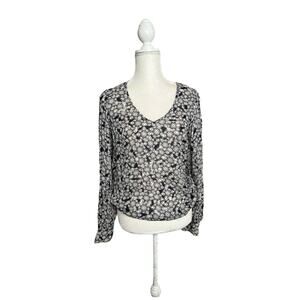 Lucky Brand Floral Print blouse Cuff Sleeve White Blue Size Small